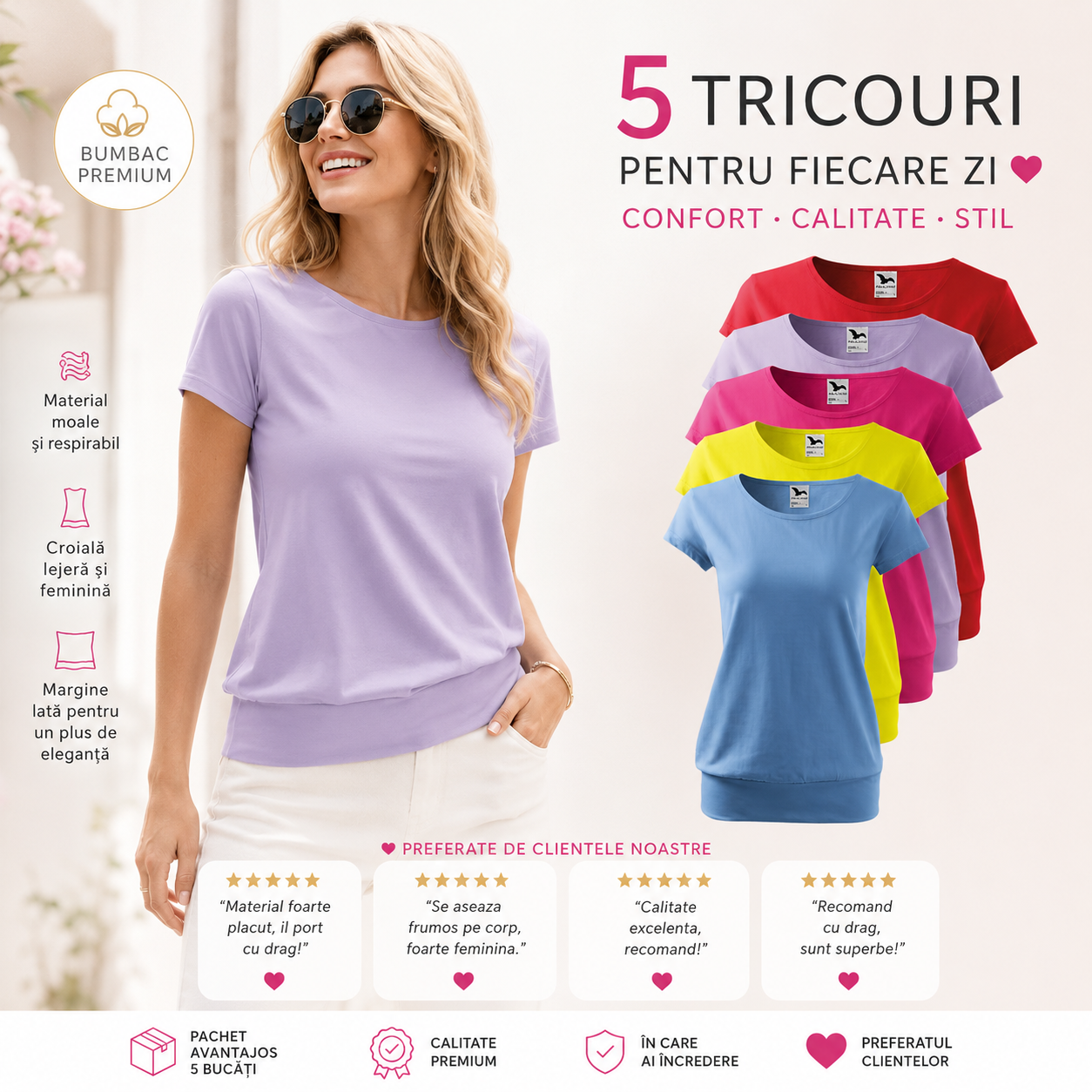 Caracteristici set 5 tricouri damă din bumbac 100%, bandă aplicată jos, mărimi XS S M L XL 2XL